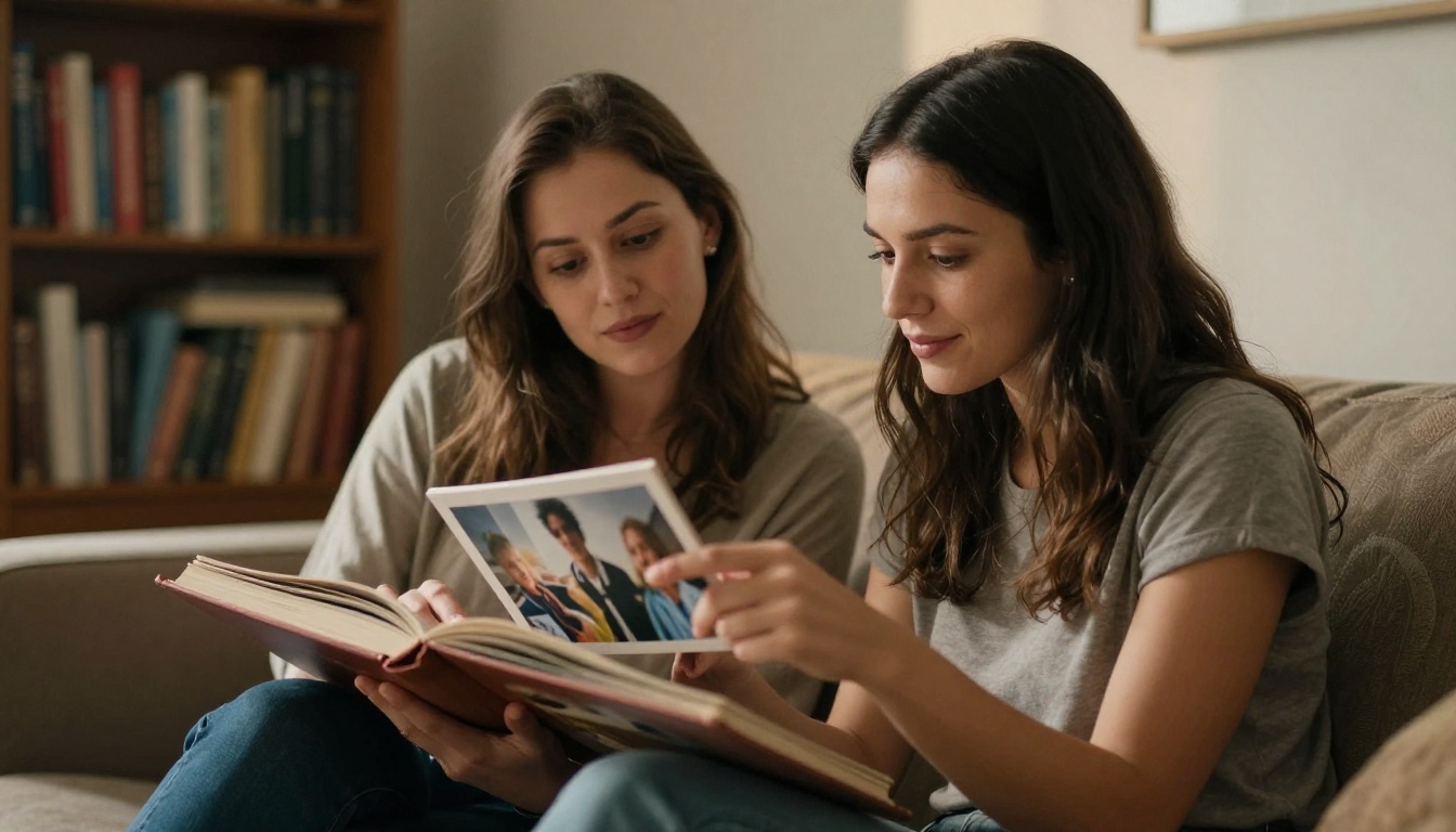 Two women in their 30s sitting on a couch sharing memories from a photo album, afternoon window light from the side, natural authentic emotion Two women in their 30s sitting on a couch sharing memories from a photo album, afternoon window light from the side, natural authentic emotion