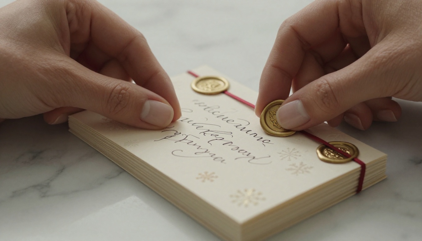 Close-up of hands carefully arranging holiday greeting cards on a white marble surface Close-up of hands carefully arranging holiday greeting cards on a white marble surface