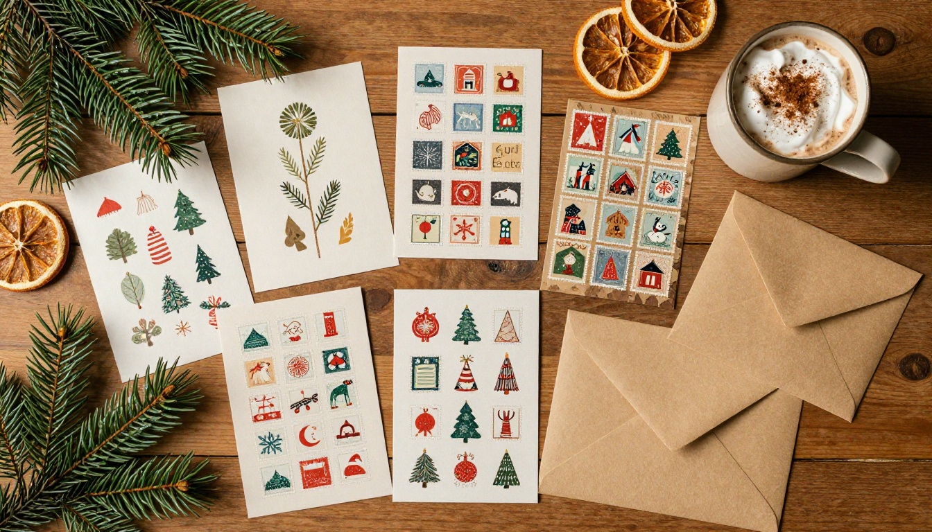 Overhead flat lay of holiday cards, stamps, envelopes, and hot cocoa on a rustic wooden table Overhead flat lay of holiday cards, stamps, envelopes, and hot cocoa on a rustic wooden table