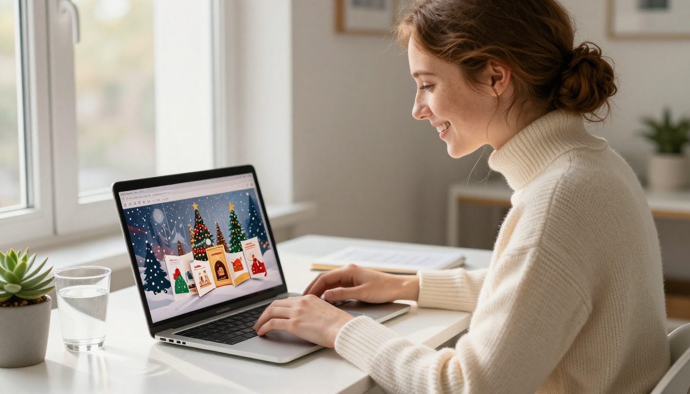 A woman smiling at her laptop displaying a holiday flipbook with animated pages A woman smiling at her laptop displaying a holiday flipbook with animated pages