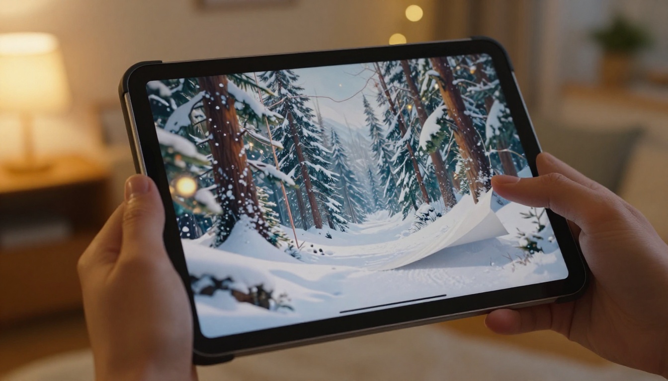 A tablet displaying a digital flipbook with a holiday card page caught mid-curl in a page-turn animation A tablet displaying a digital flipbook with a holiday card page caught mid-curl in a page-turn animation