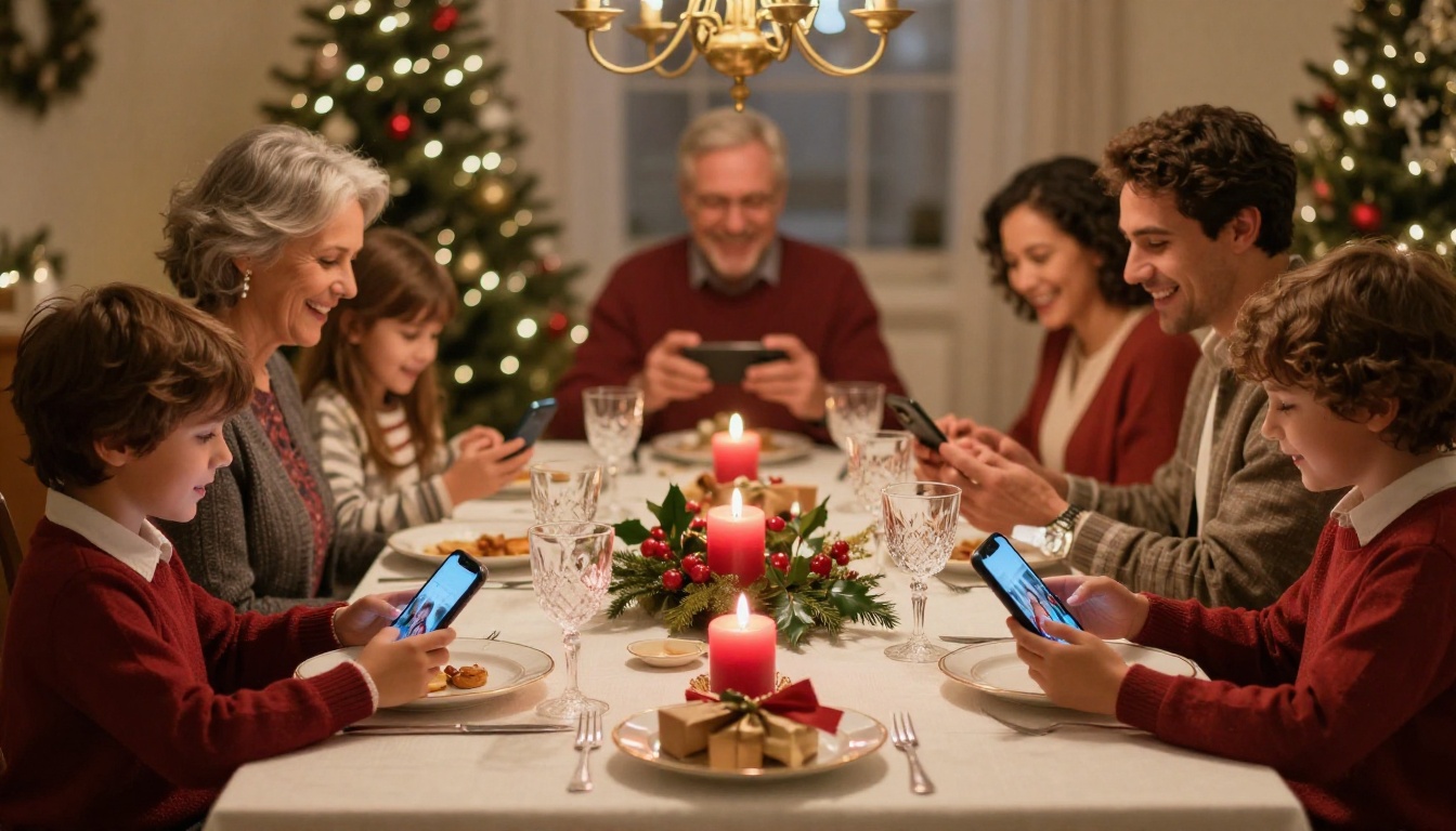 A multigenerational family enjoying a holiday dinner, each smiling at their phone as they view a shared digital flipbook A multigenerational family enjoying a holiday dinner, each smiling at their phone as they view a shared digital flipbook