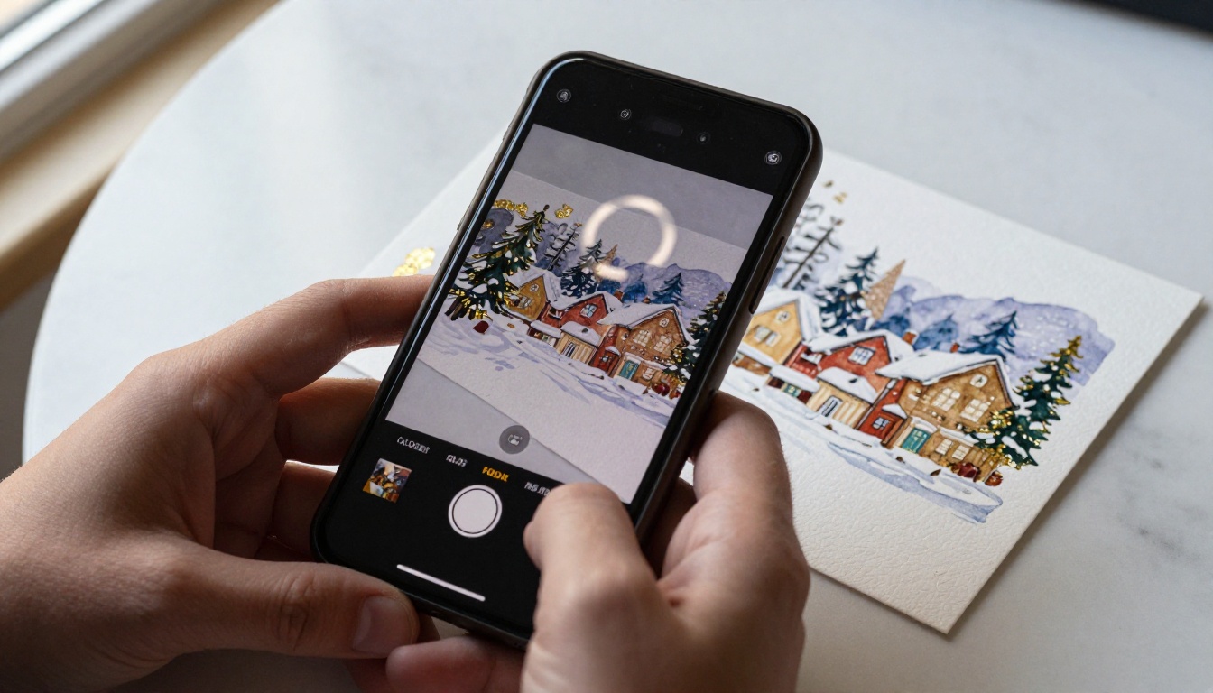 A person photographing a holiday greeting card with a smartphone to upload and digitize it A person photographing a holiday greeting card with a smartphone to upload and digitize it