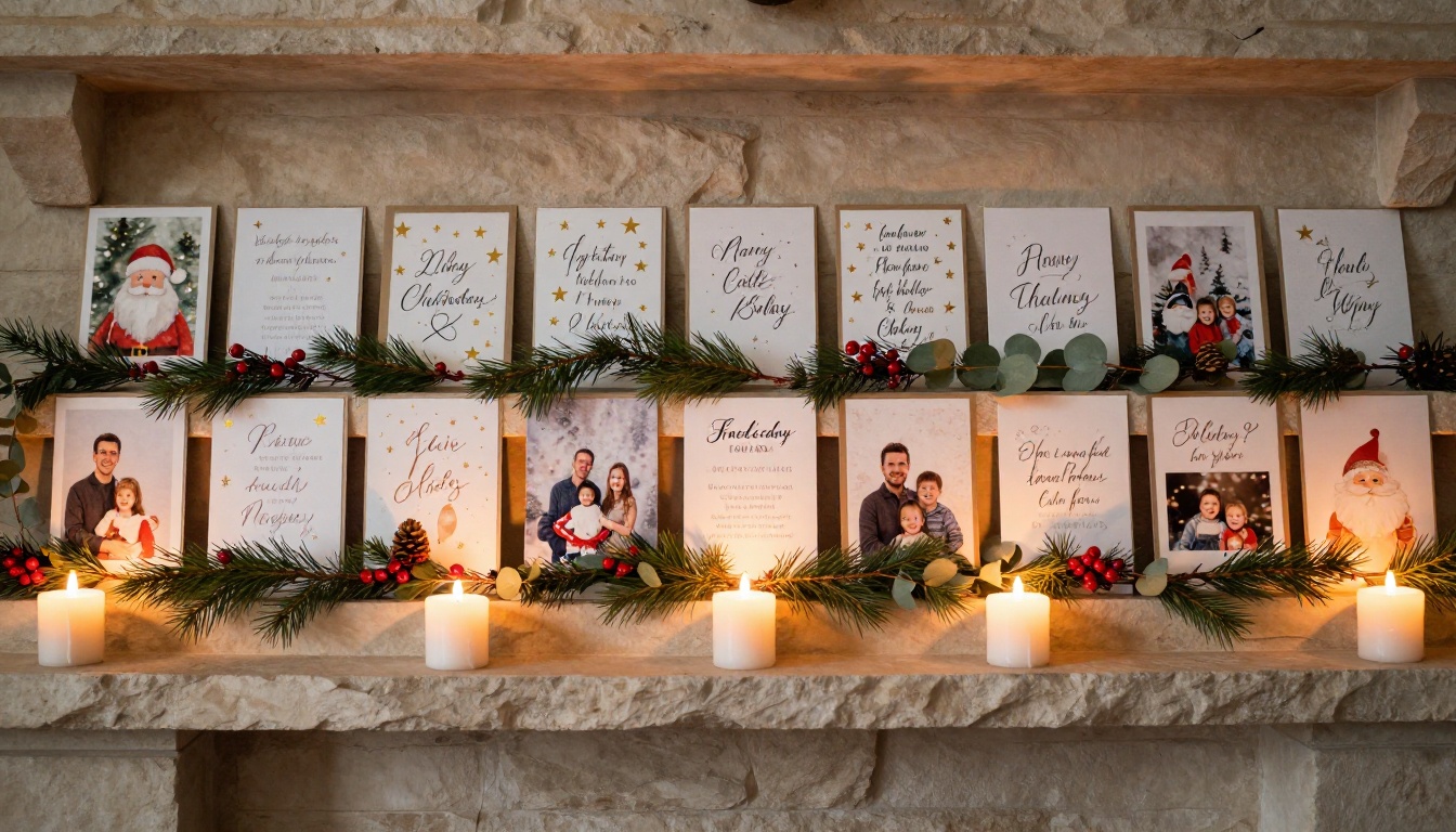 A row of holiday greeting cards displayed on a stone fireplace mantelpiece with pine garlands and candles A row of holiday greeting cards displayed on a stone fireplace mantelpiece with pine garlands and candles