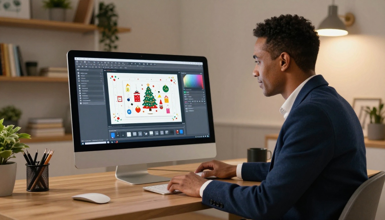 A man designing a holiday flipbook on his iMac with a colorful template interface on screen A man designing a holiday flipbook on his iMac with a colorful template interface on screen
