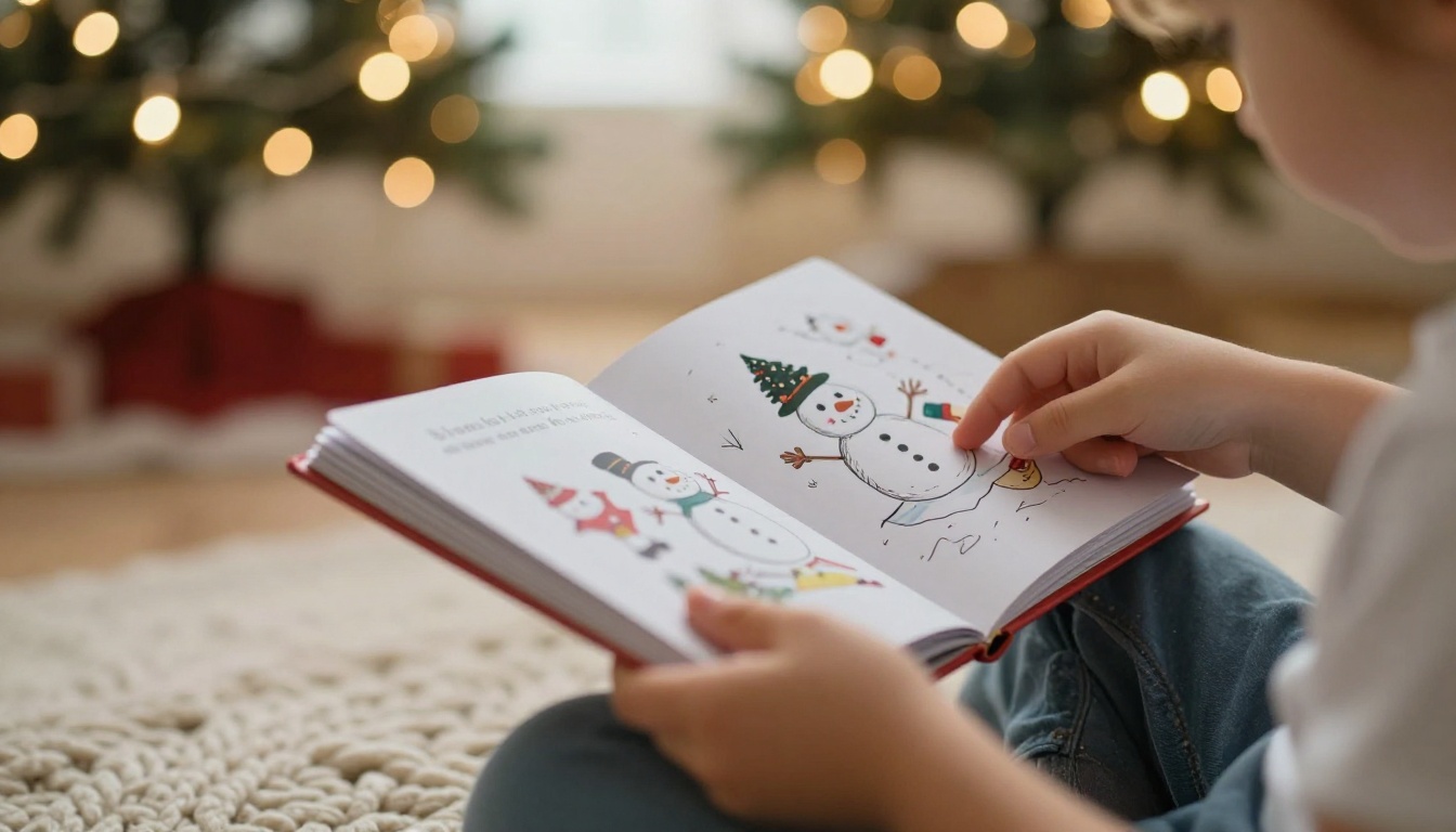A child's hands flipping through a small printed flipbook in front of a glowing Christmas tree A child's hands flipping through a small printed flipbook in front of a glowing Christmas tree