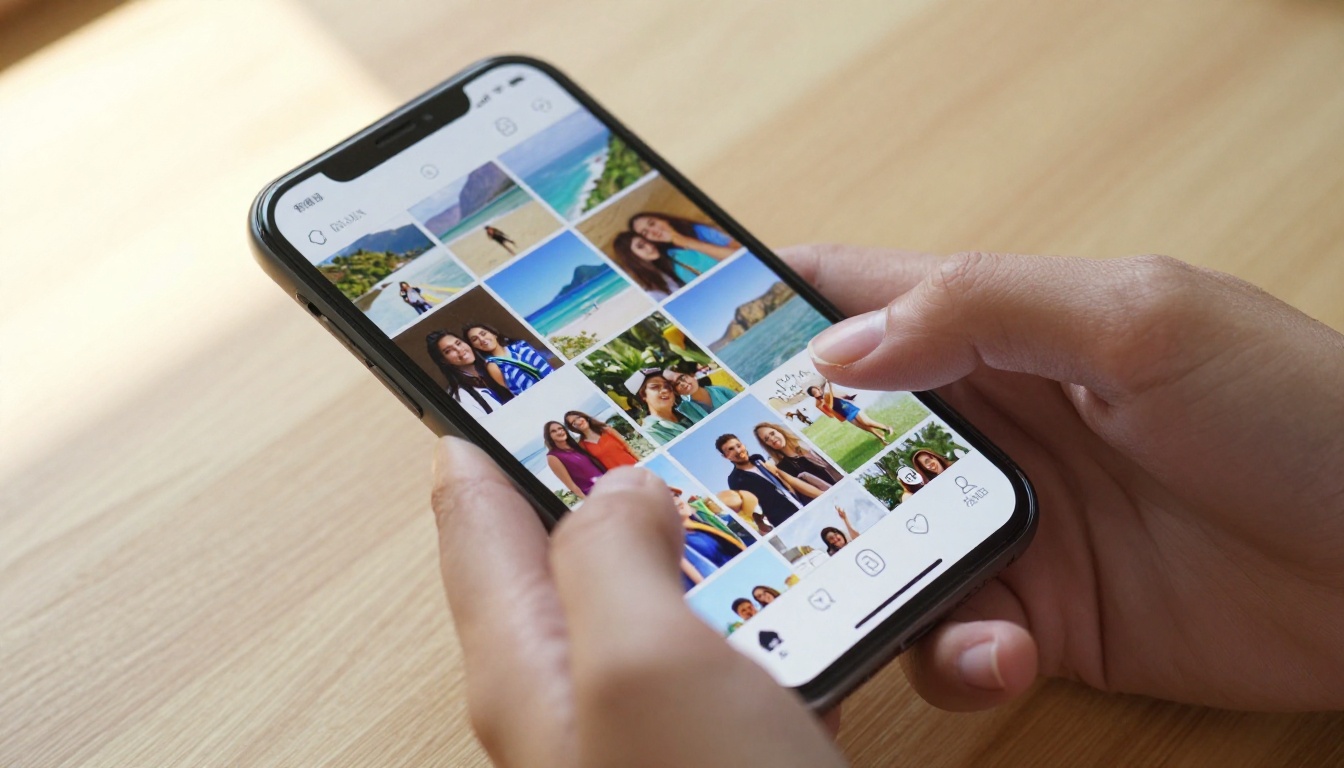 Hands swiping through a smartphone photo gallery app showing colorful travel and family photos