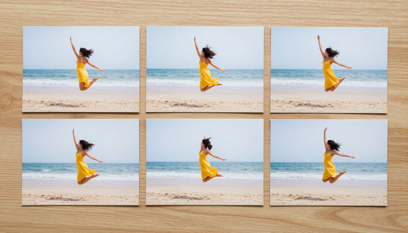 Sequential printed photographs on wooden surface showing natural flipbook animation sequence