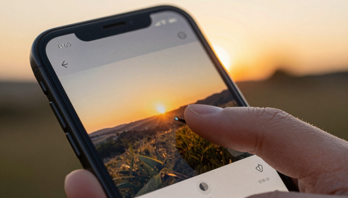 Close-up of smartphone screen showing photo editing app with brightness slider adjustment