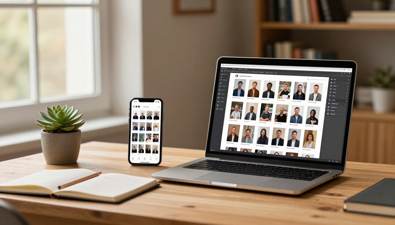 Home office desk with laptop showing photo arrangement interface and smartphone with gallery