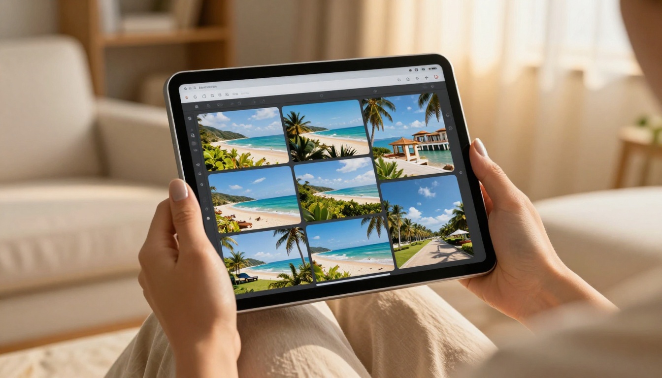 Woman holding tablet showing open digital flipbook with realistic page-curl animation