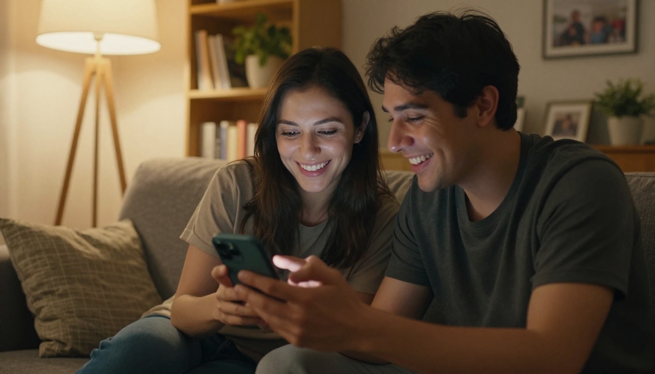 Two people on sofa sharing and viewing digital flipbook together on smartphone, smiling warmly Two people on sofa sharing and viewing digital flipbook together on smartphone, smiling warmly