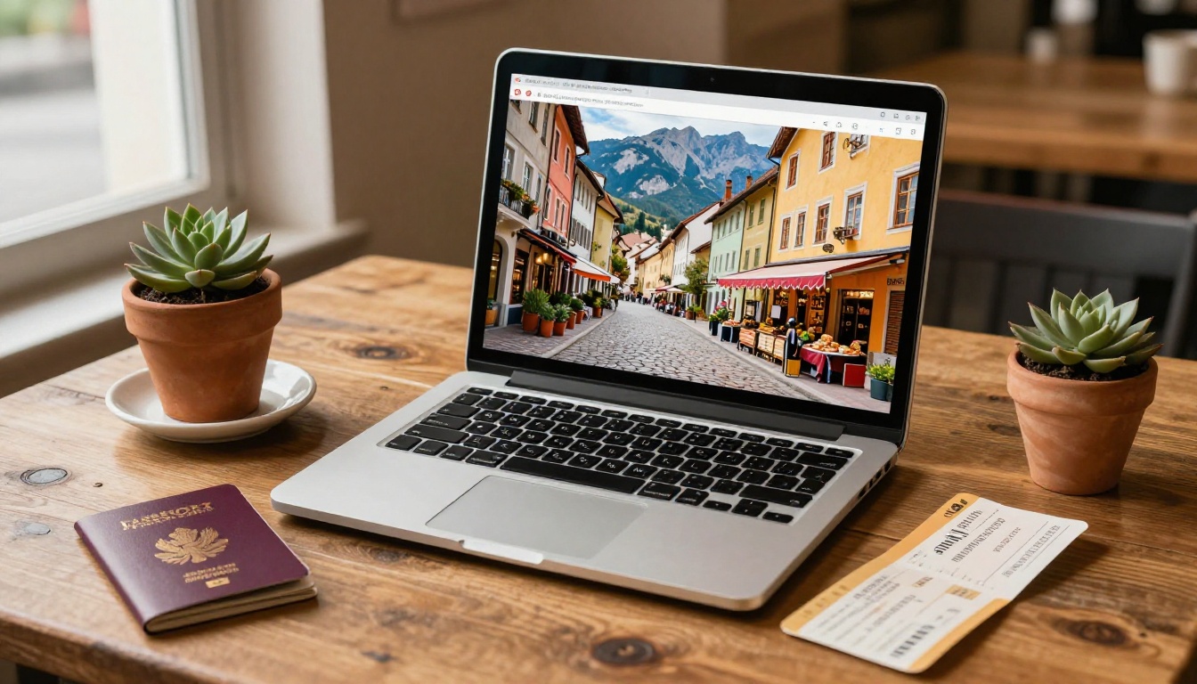 Laptop on café table showing digital travel flipbook with passport and espresso nearby Laptop on café table showing digital travel flipbook with passport and espresso nearby