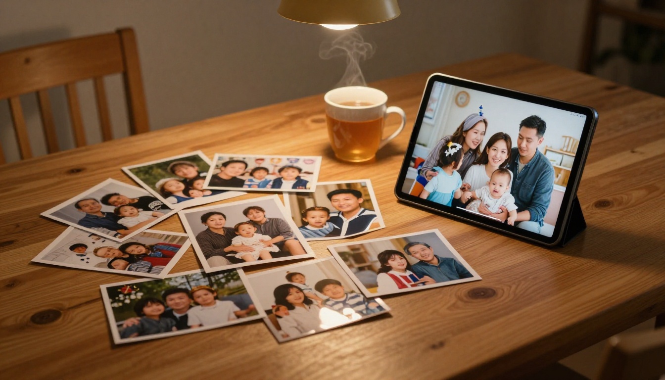 Family photos spread on dining table next to tablet showing polished digital flipbook Family photos spread on dining table next to tablet showing polished digital flipbook