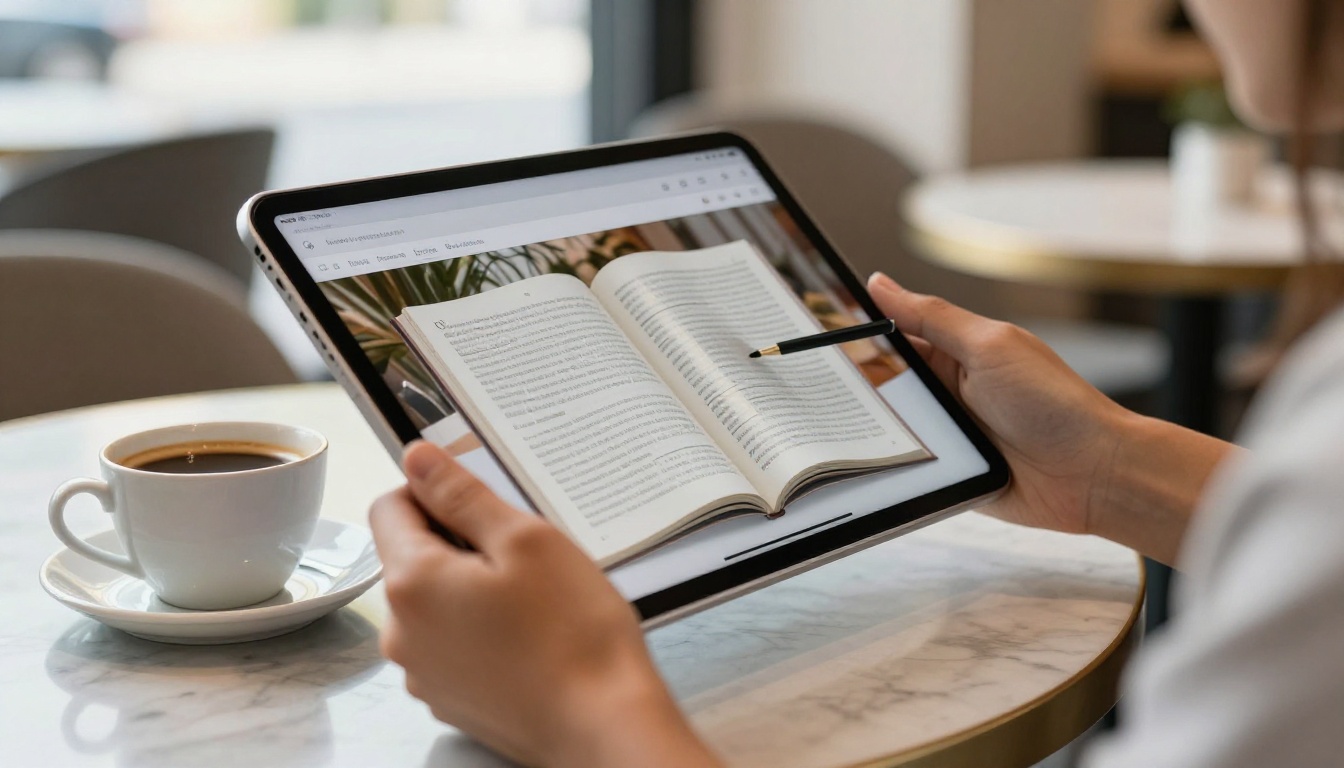 A blogger reviewing an interactive flipbook on a tablet at a marble café table
