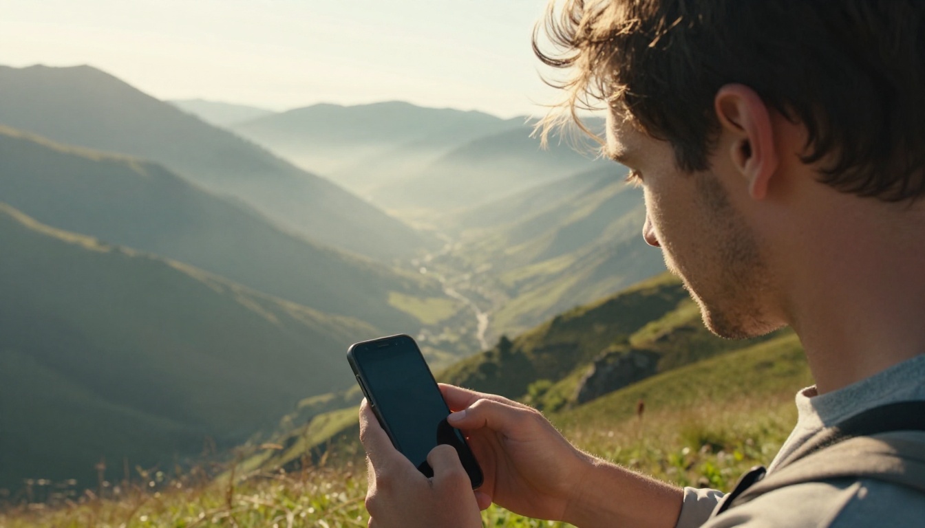 Young man outdoors holding smartphone taking photo of mountain valley panorama Young man outdoors holding smartphone taking photo of mountain valley panorama