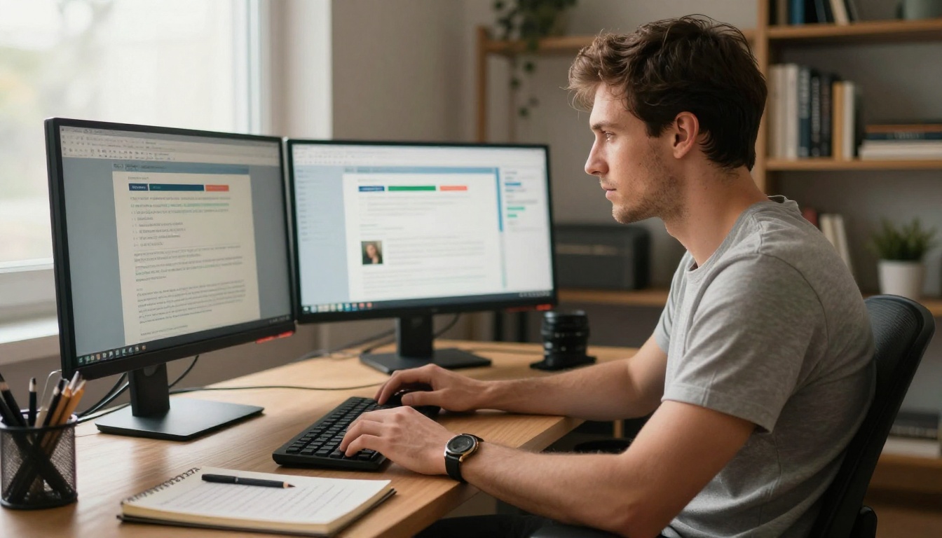 Male content creator reviewing analytics on dual monitors at a home office desk