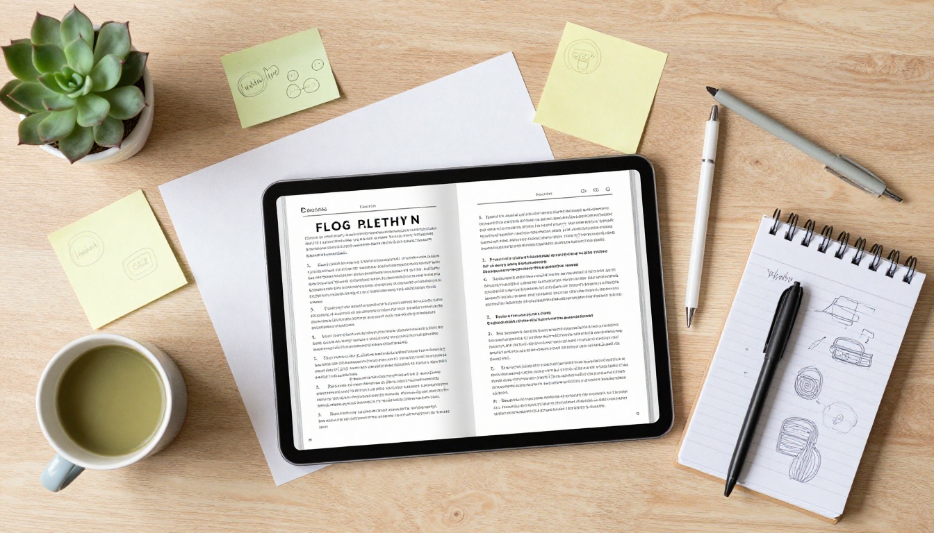 Overhead flat-lay of a desk showing a printed blog post next to a tablet displaying the same content as a digital flipbook