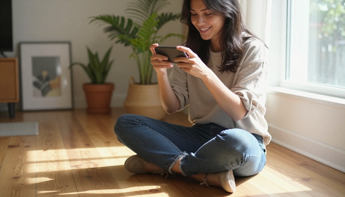 Female blogger photographing a content flat-lay on a living room floor with natural window light