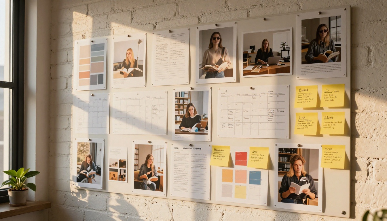Creative blogger's mood board pinned to a whitewashed brick wall with printed photos, sticky notes, and content calendar sheets