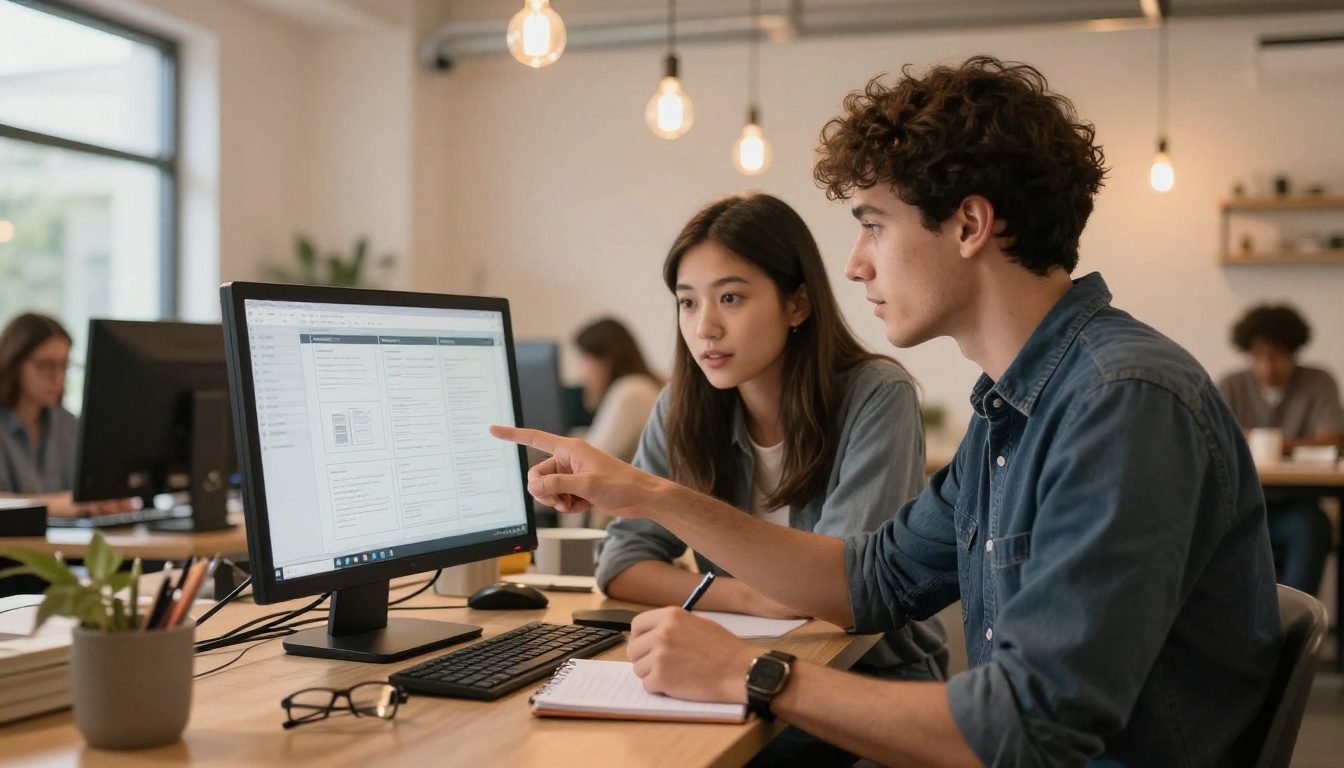 Two bloggers collaborating at a bright coworking space, both looking at a large monitor showing a digital flipbook layout