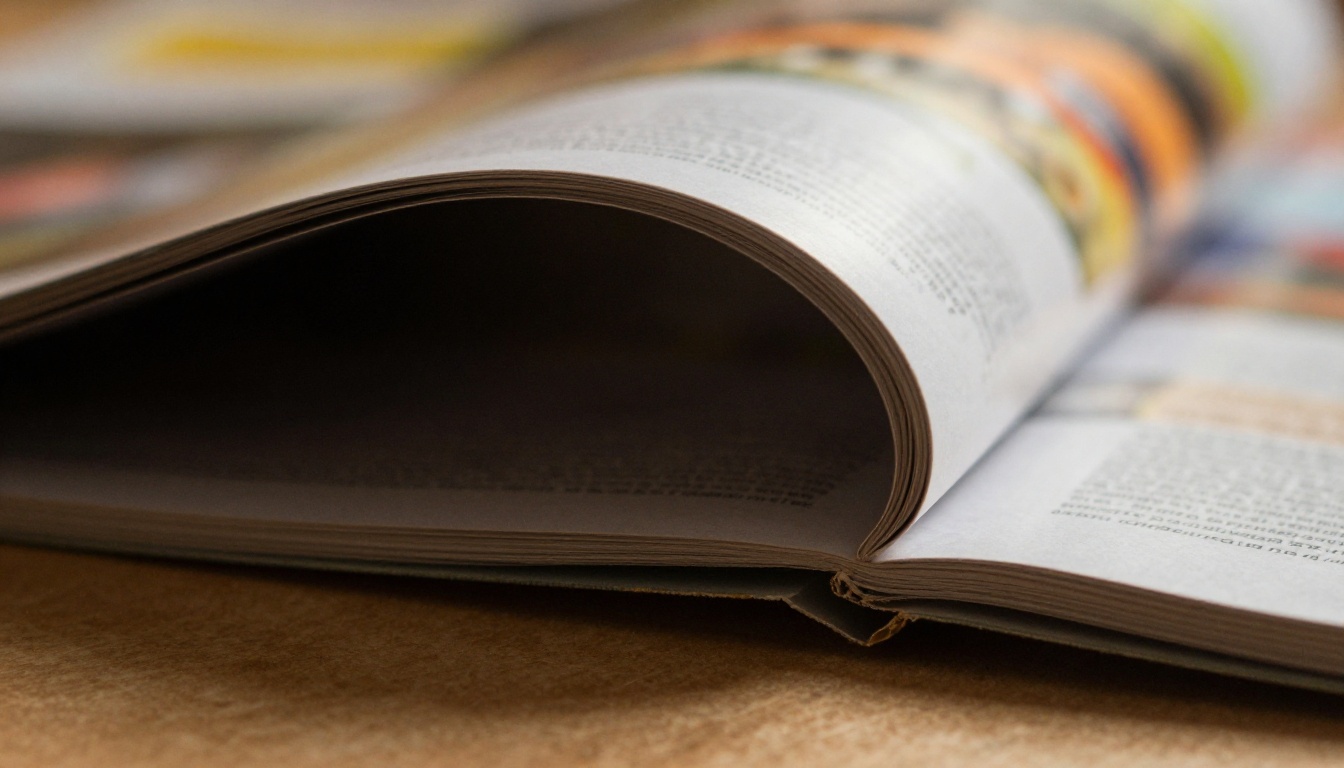 Extreme close-up of a physical magazine page being turned mid-flip, showing detailed paper fiber texture in warm side lighting