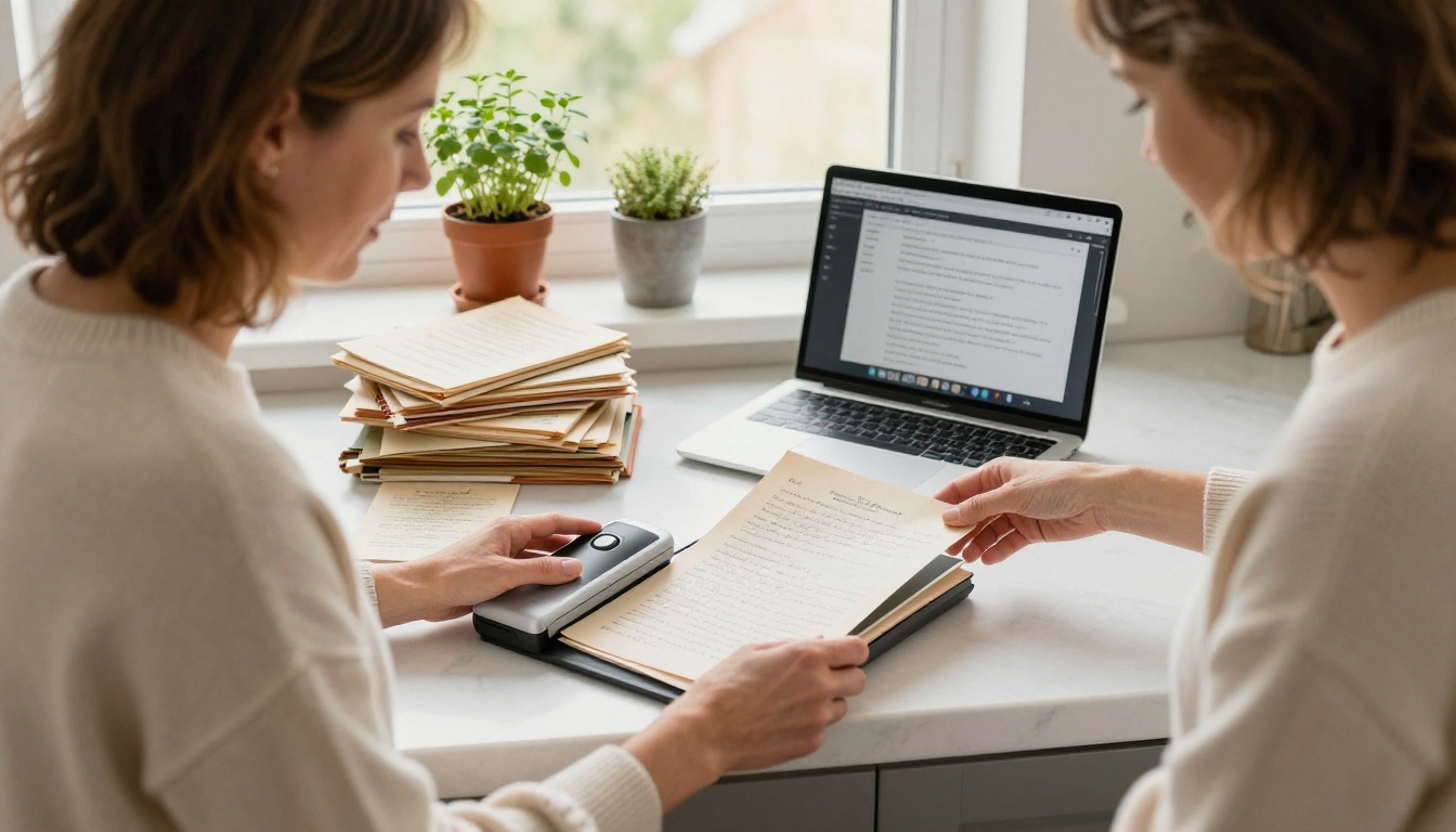 Woman carefully scanning old handwritten recipe papers at a kitchen counter Woman carefully scanning old handwritten recipe papers at a kitchen counter