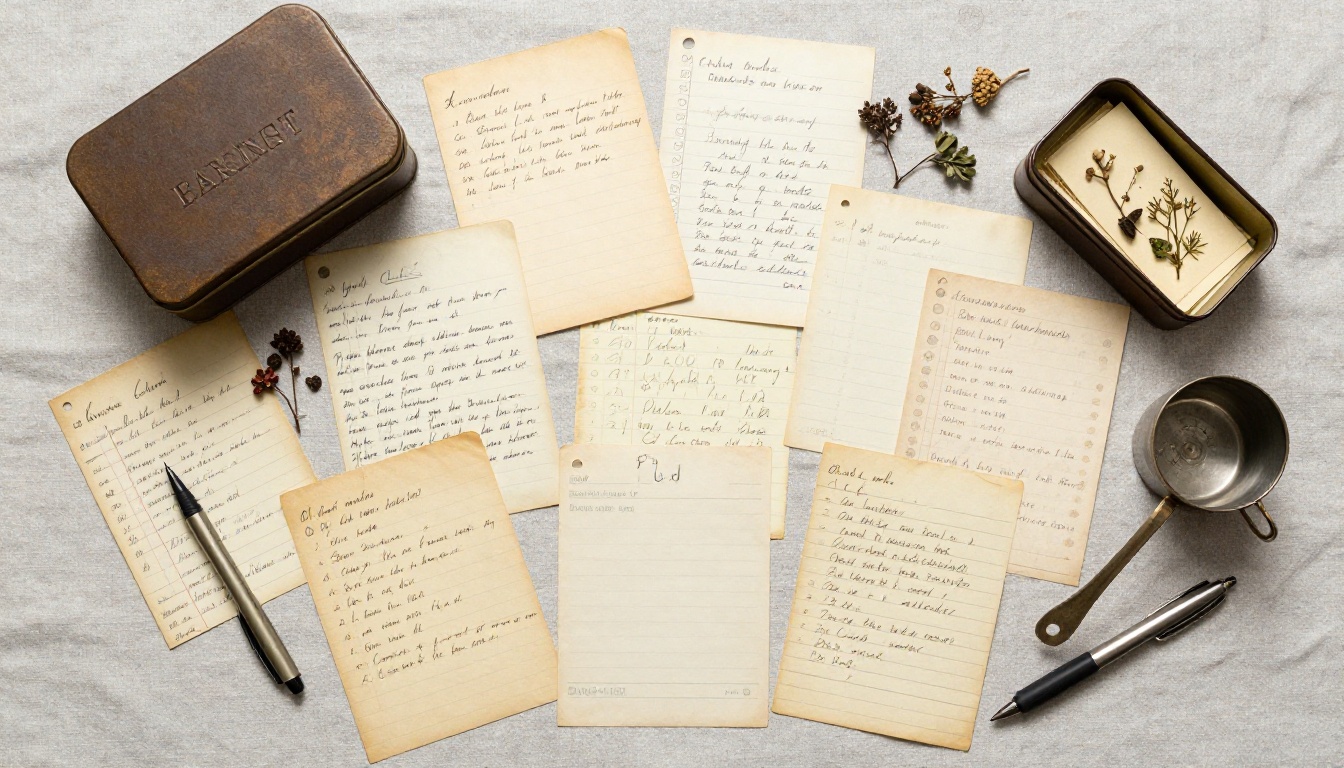 Flat lay overhead of multiple generations of recipe cards arranged on linen Flat lay overhead of multiple generations of recipe cards arranged on linen