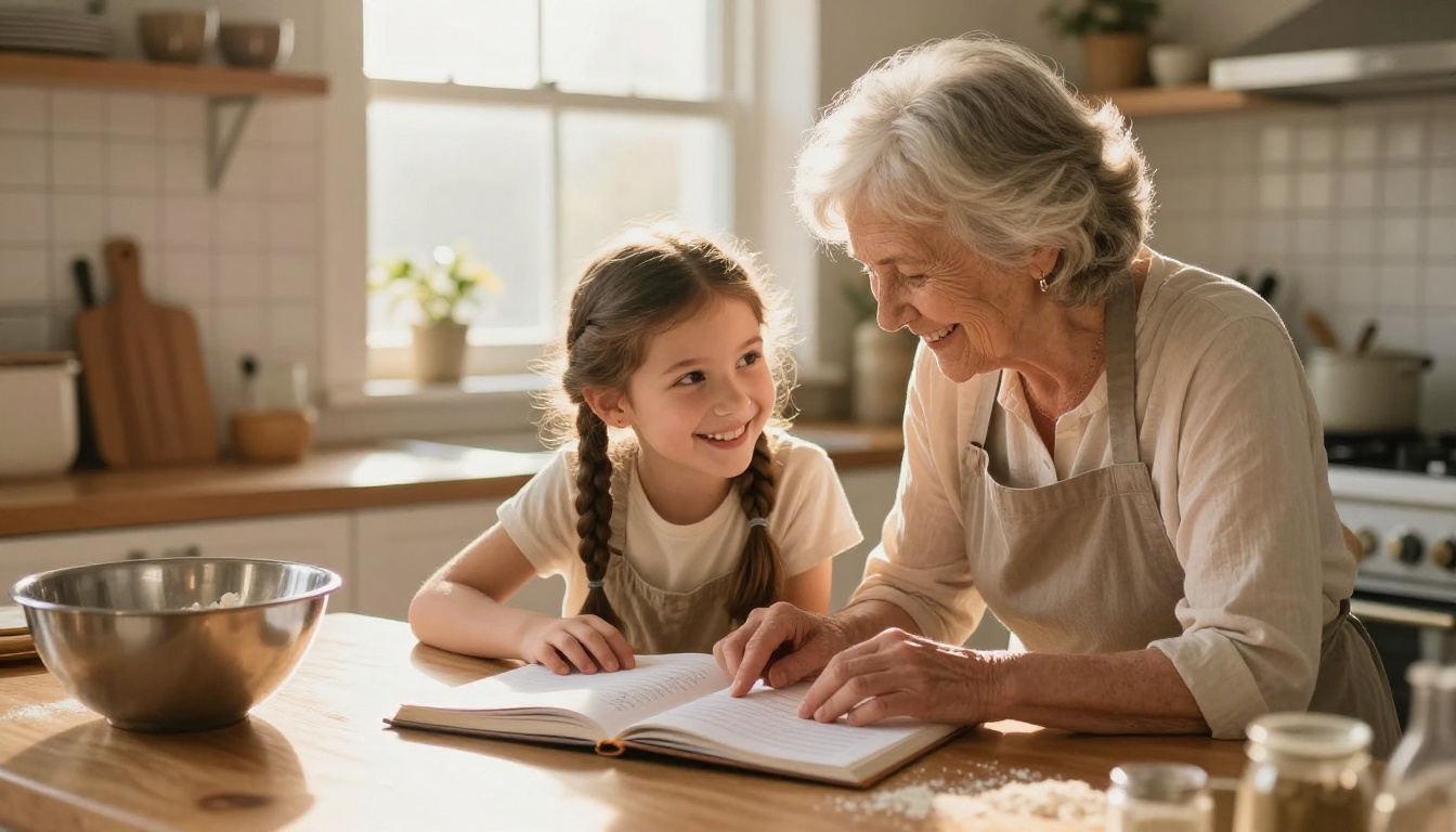 Grandmother and young granddaughter smiling over a recipe book in the kitchen Grandmother and young granddaughter smiling over a recipe book in the kitchen