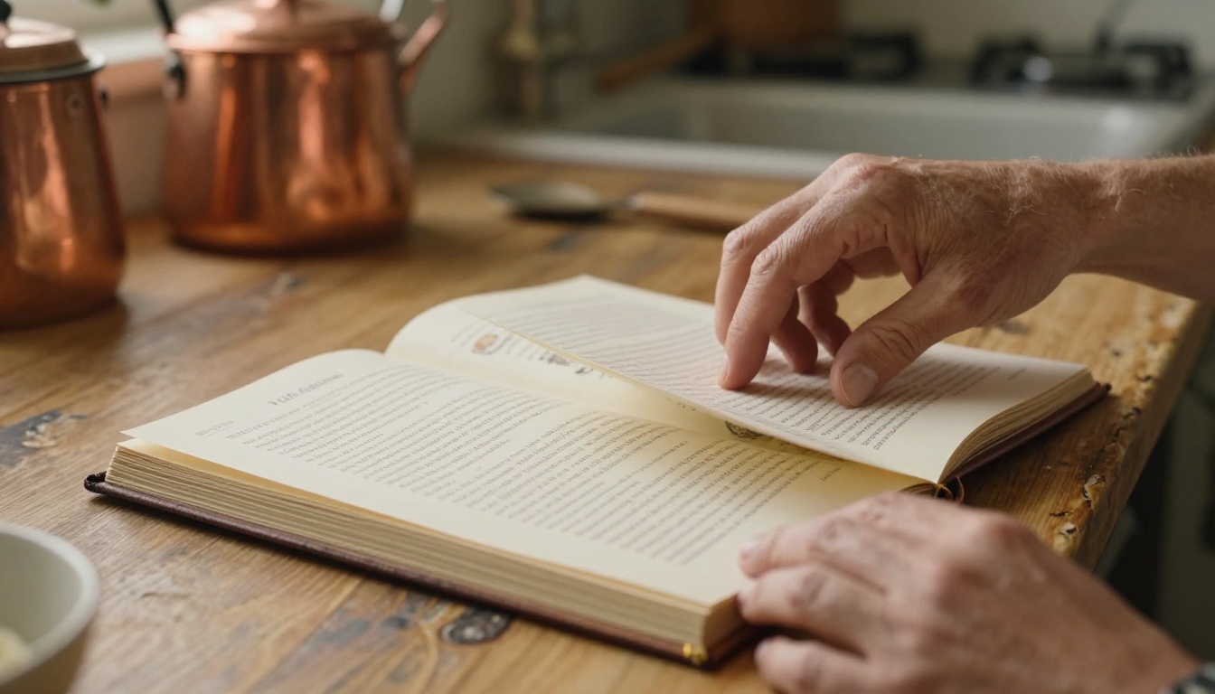 Hands gently turning pages of a printed recipe flipbook on a farmhouse table