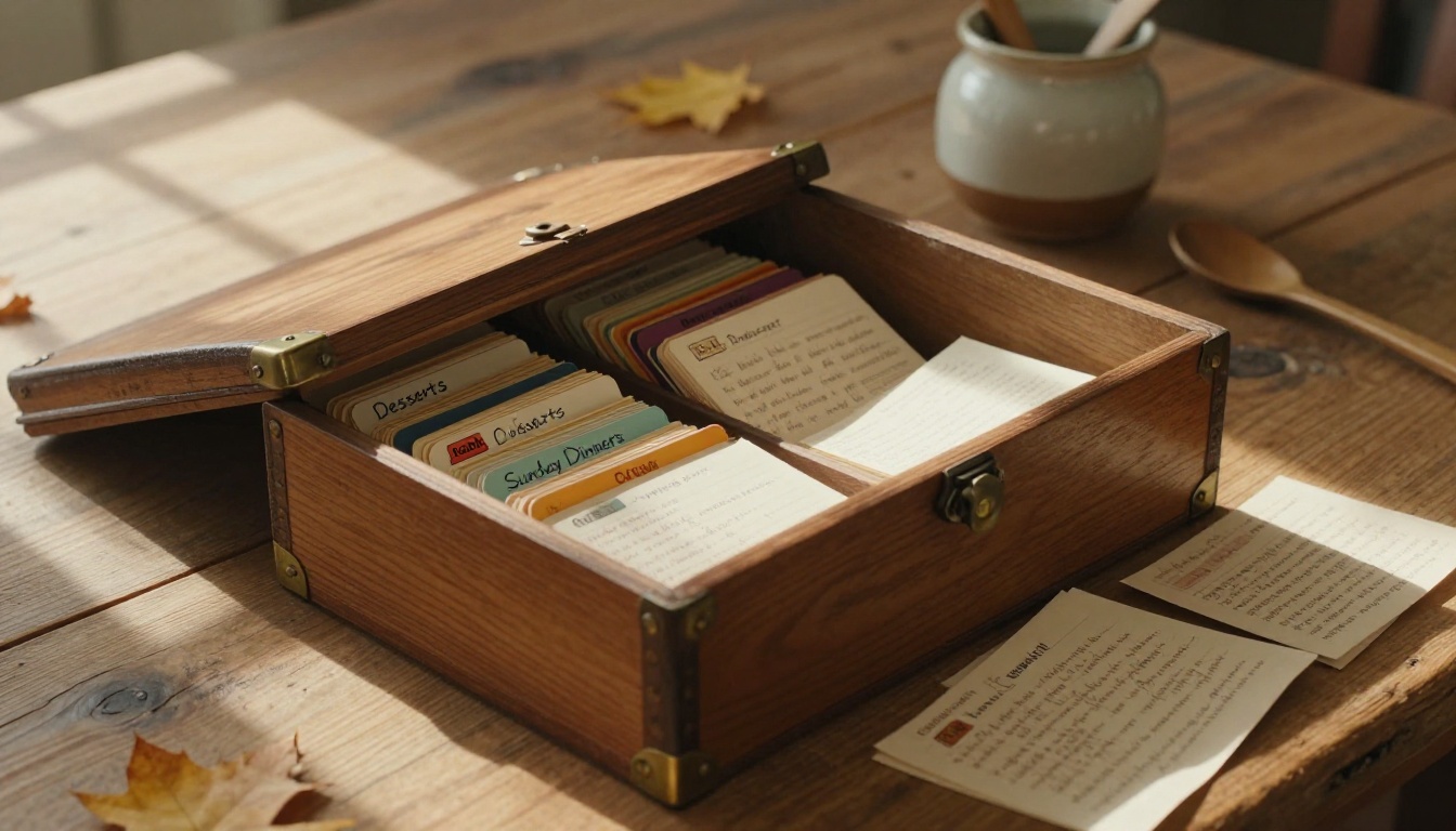 Vintage wooden recipe box open with handwritten index cards sorted by category