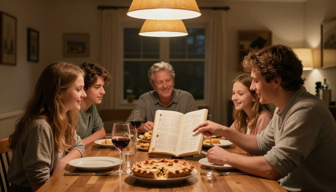 Family of four gathered around a dining table with a recipe flipbook open in the center