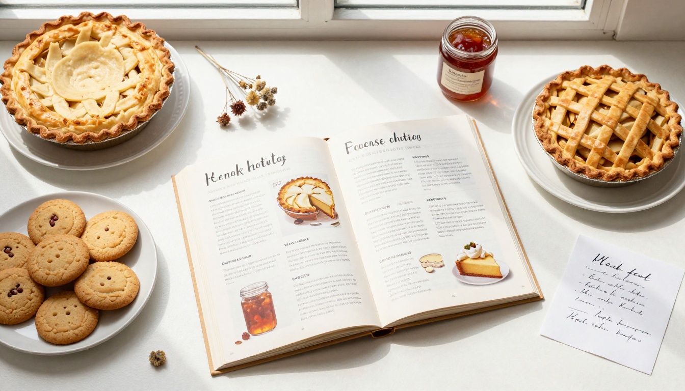 Aerial view of an open recipe flipbook surrounded by homemade baked goods and dried flowers