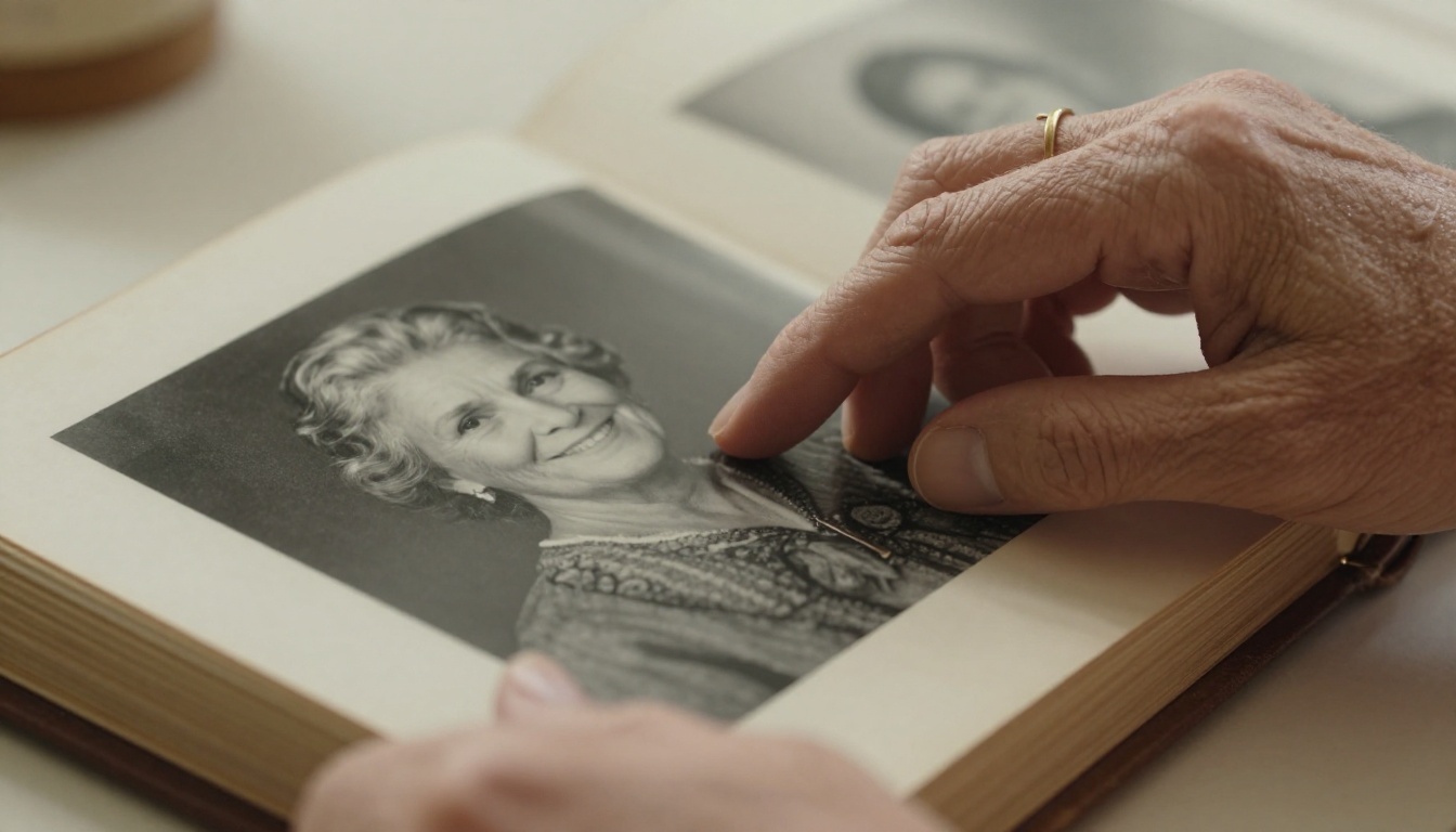 Aged hands gently turning the pages of a family photo album in warm afternoon light Aged hands gently turning the pages of a family photo album in warm afternoon light