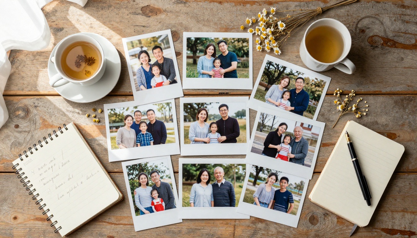Family photographs and handwritten notes arranged on a warm wooden table with chamomile tea and pressed flowers Family photographs and handwritten notes arranged on a warm wooden table with chamomile tea and pressed flowers