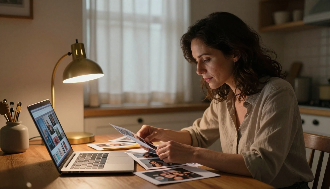 A woman sitting at a kitchen table gently sorting through printed photographs by warm lamp light A woman sitting at a kitchen table gently sorting through printed photographs by warm lamp light