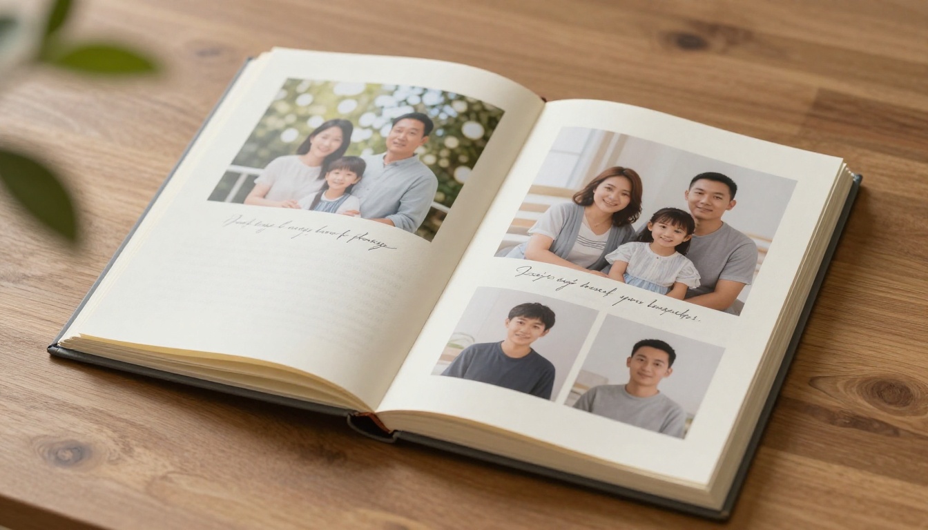 A beautifully printed memorial photo book lying open on a polished wooden surface with family photographs inside A beautifully printed memorial photo book lying open on a polished wooden surface with family photographs inside