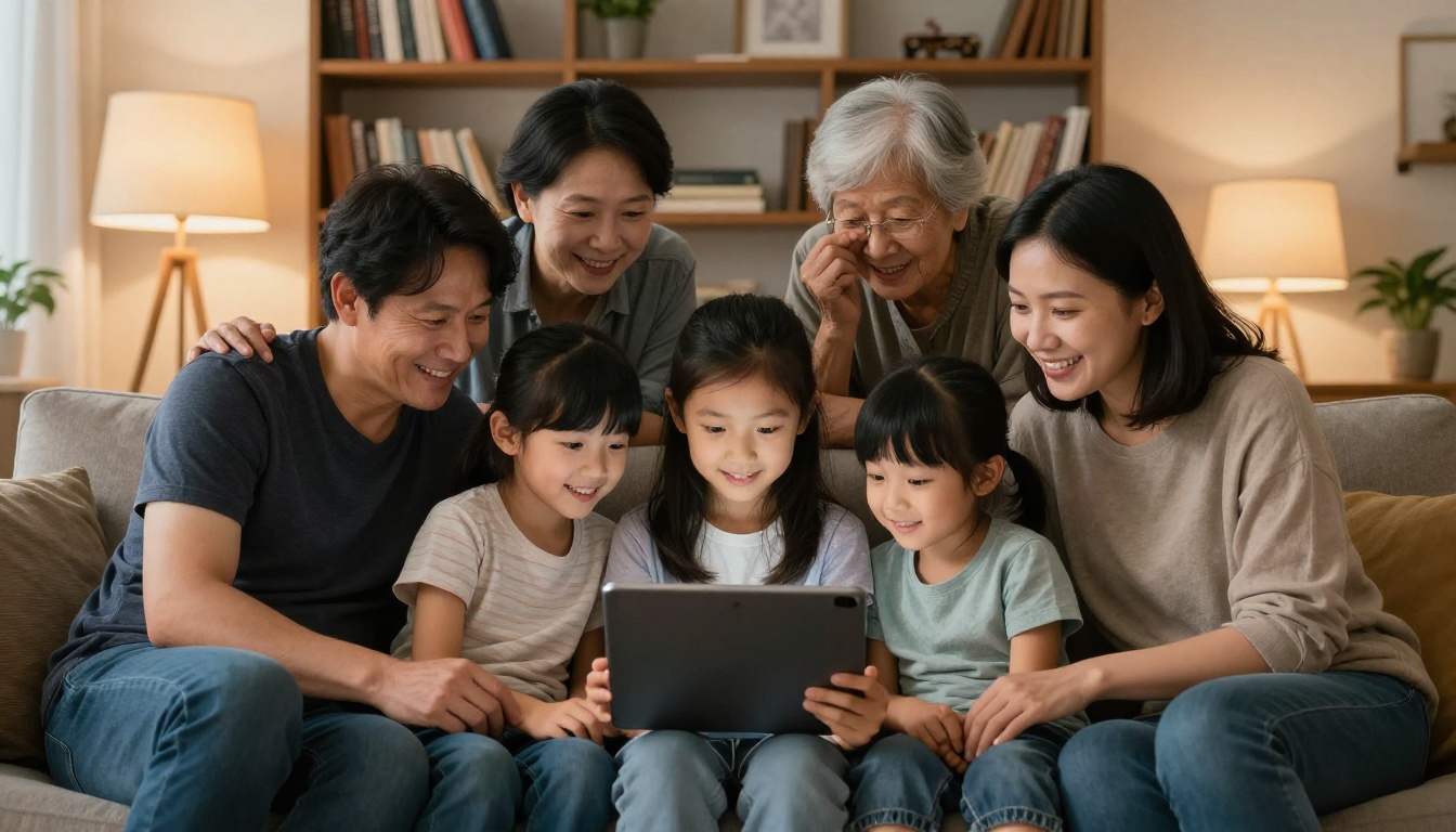 A multigenerational family gathered closely around a sofa looking at a tablet showing a digital memorial flipbook together A multigenerational family gathered closely around a sofa looking at a tablet showing a digital memorial flipbook together