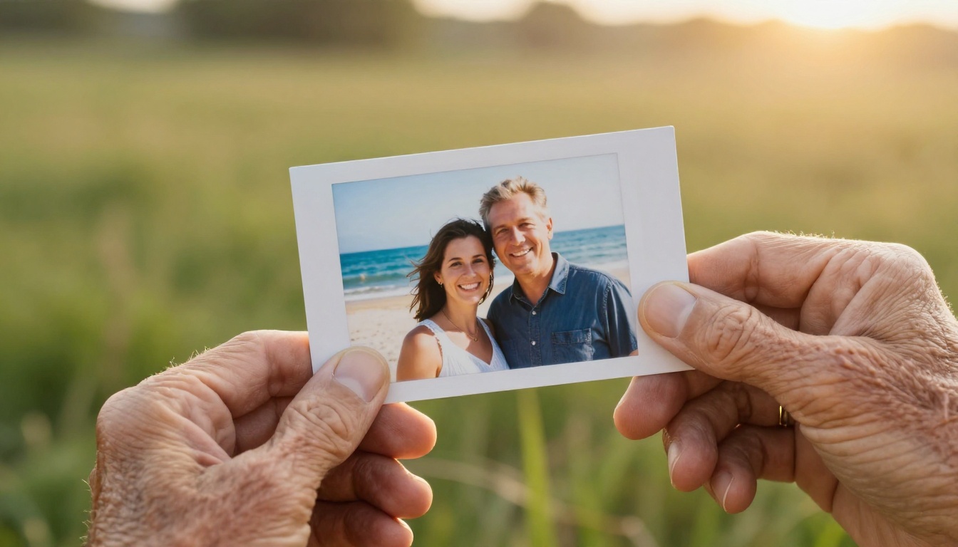 Two elderly hands holding a photograph of a young couple on a sunny beach, gold wedding rings catching the warm light Two elderly hands holding a photograph of a young couple on a sunny beach, gold wedding rings catching the warm light