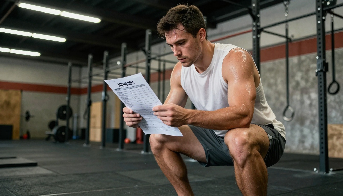 Athletic male mid-squat in a CrossFit gym reading a workout chart with intense focus