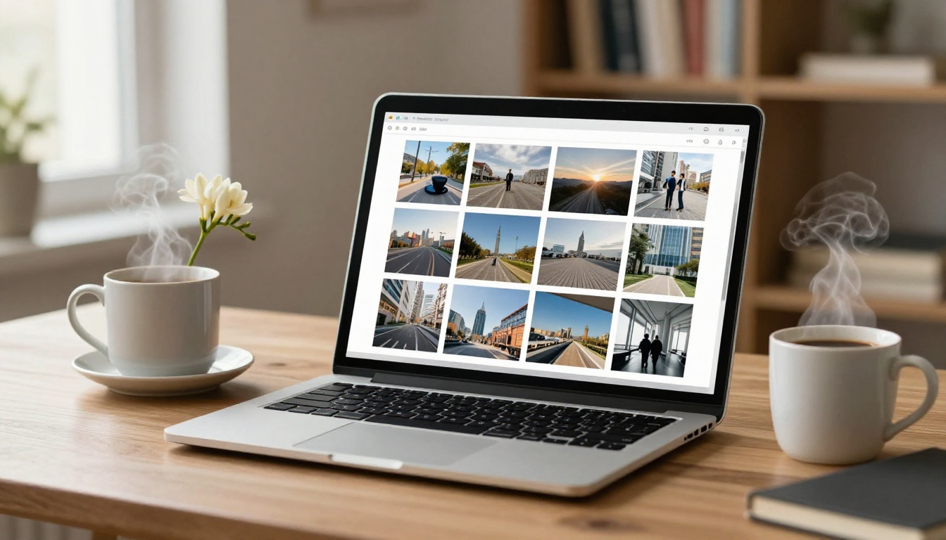 A laptop on a wooden desk showing a photo book design interface with white flowers and a steaming coffee mug beside it A laptop on a wooden desk showing a photo book design interface with white flowers and a steaming coffee mug beside it