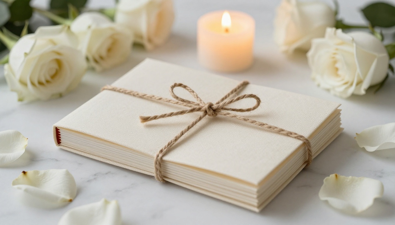 A stack of cream memorial booklets tied with jute ribbon on white marble with rose petals and a single lit candle A stack of cream memorial booklets tied with jute ribbon on white marble with rose petals and a single lit candle