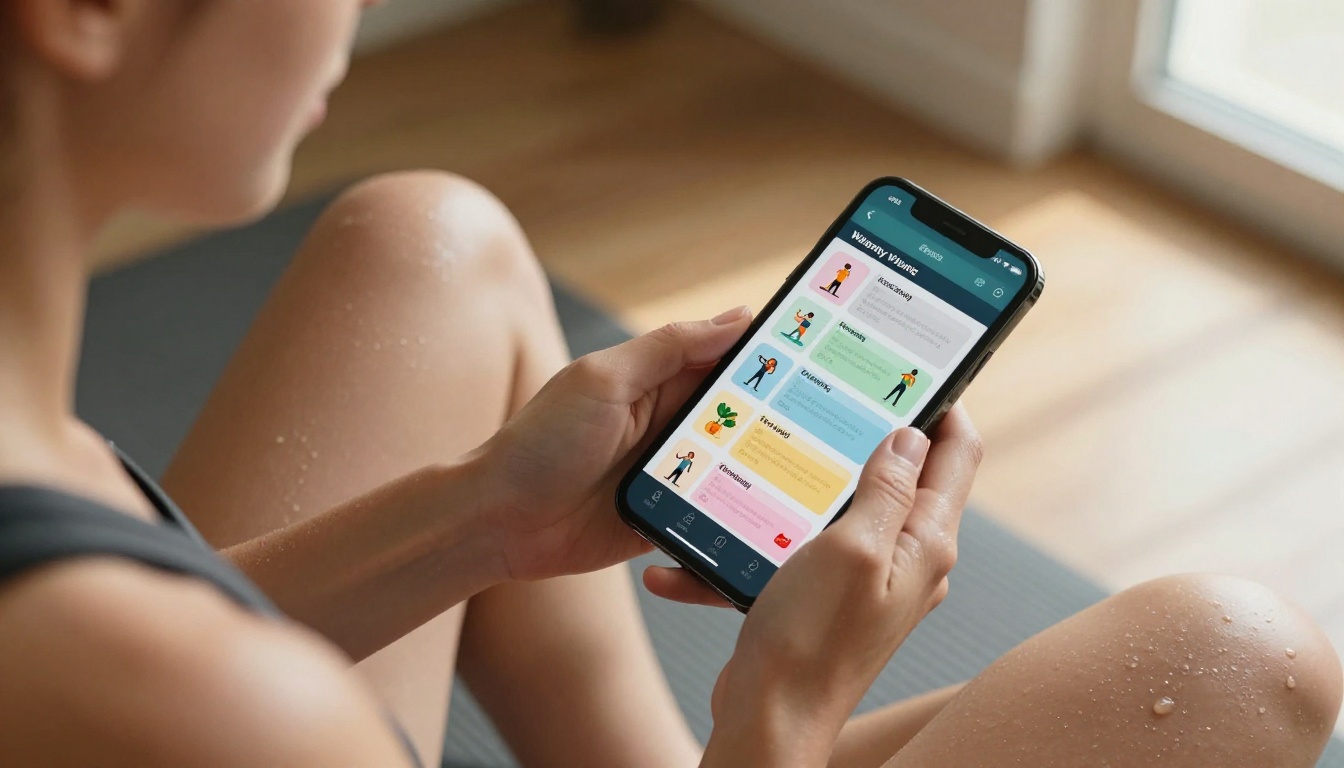 Close-up of a woman's hands scrolling through a fitness flipbook on a smartphone after a workout on a yoga mat