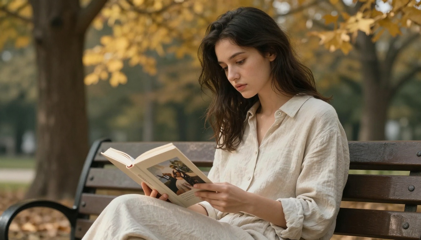 A young woman sitting on a wooden park bench reading through a small memorial photo book in soft autumn sunlight A young woman sitting on a wooden park bench reading through a small memorial photo book in soft autumn sunlight