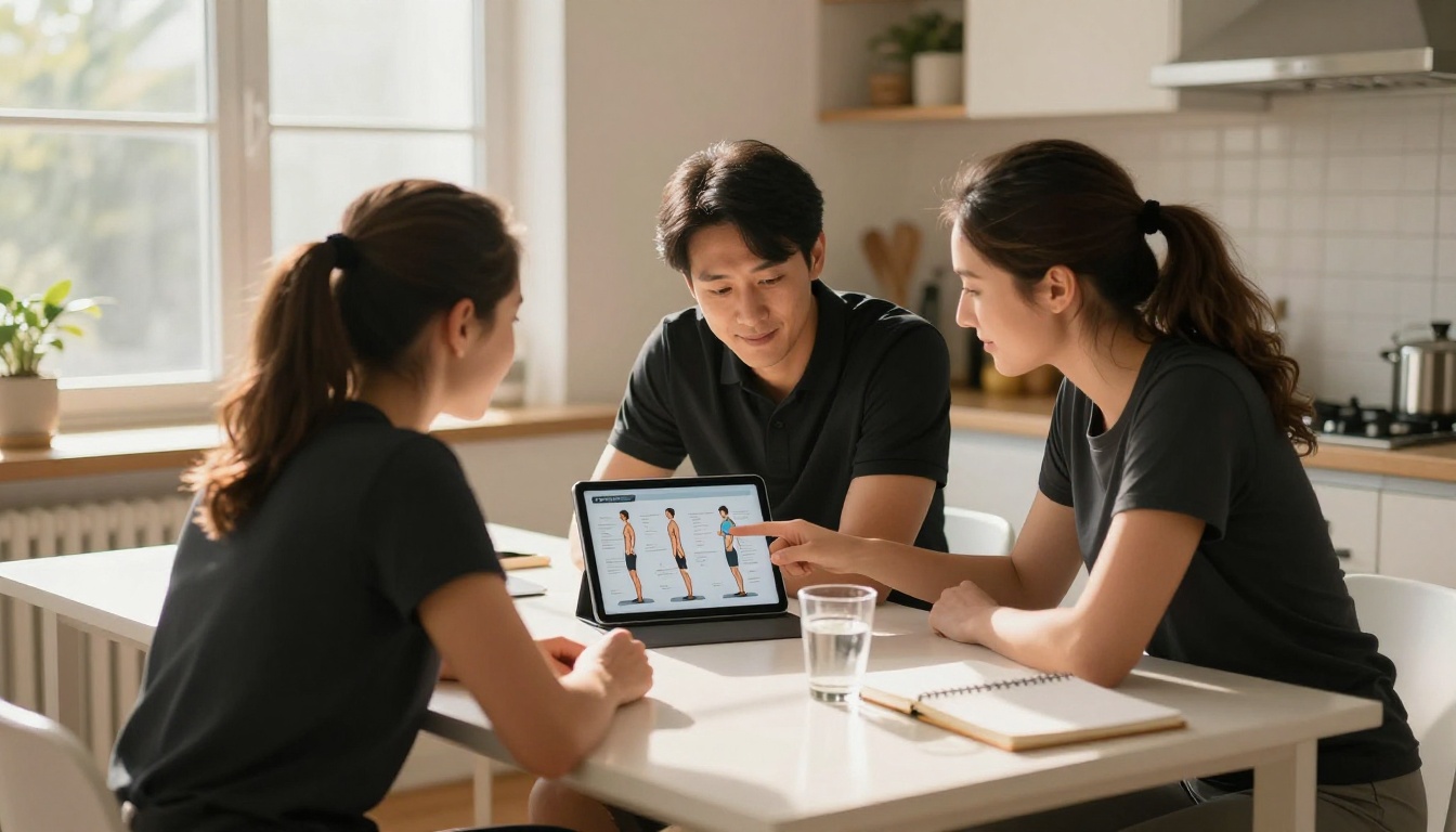 Personal trainer pointing at a workout flipbook on a tablet while sitting with a client at a bright kitchen table