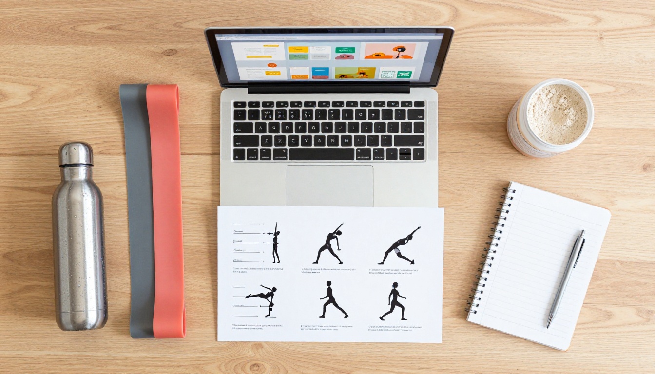Aerial flat lay of a desk with a printed workout PDF, laptop showing a flipbook interface, resistance bands, water bottle, and protein powder