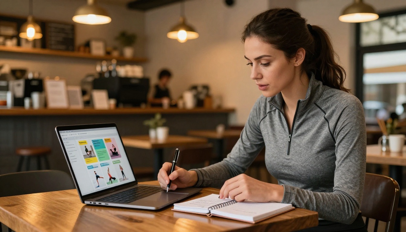 Fit woman in athletic wear working on a laptop displaying a fitness flipbook at a warm coffee shop