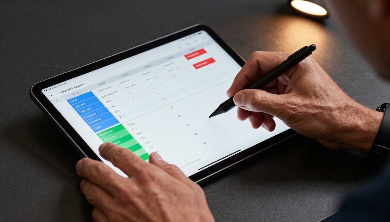 Close-up of an athlete's hands annotating a color-coded weekly workout schedule on a tablet with a stylus