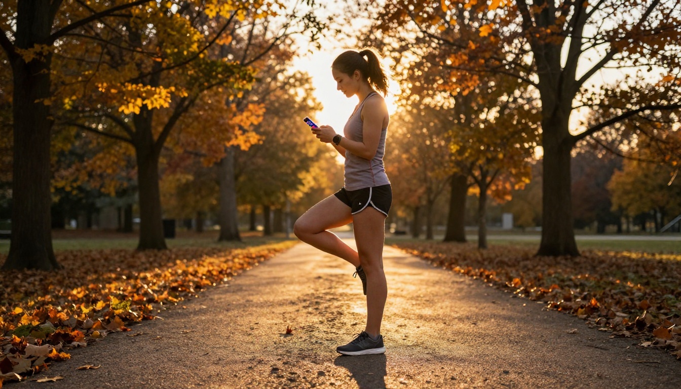 Female runner pausing on an autumn park trail at golden hour to check her training plan flipbook on her smartphone