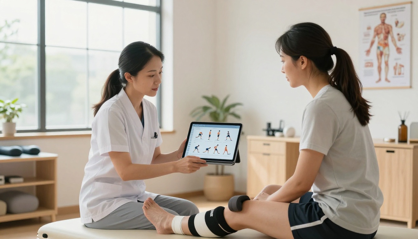 Sports therapist reviewing a rehabilitation workout flipbook on a tablet with a patient in a bright physical therapy room